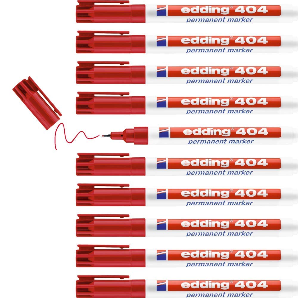 edding 404 marcador permanente, rojo, 10 rotuladores, punta fina redonda 0,75 mm, resistente al agua, de secado rápido, rotuladores indelebles, para cartón, plástico, madera, metal, vidrio
