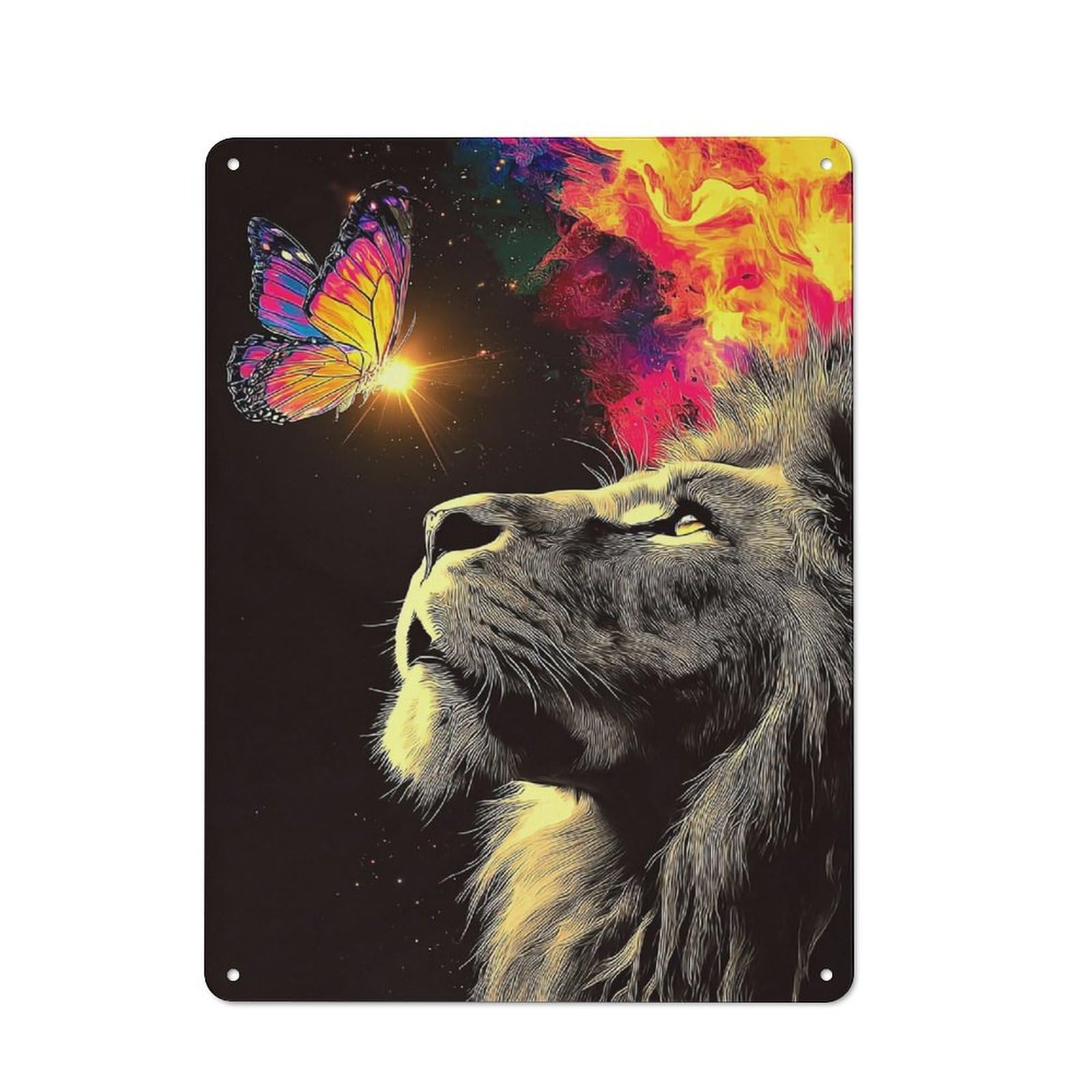 Junmoney Lion And Butterfly Cosmic Encounter 40X30cm Rustic Tin Sign With For Studio Or Craft Room, Tin Sign Wall Decor For Studios And Craft Rooms