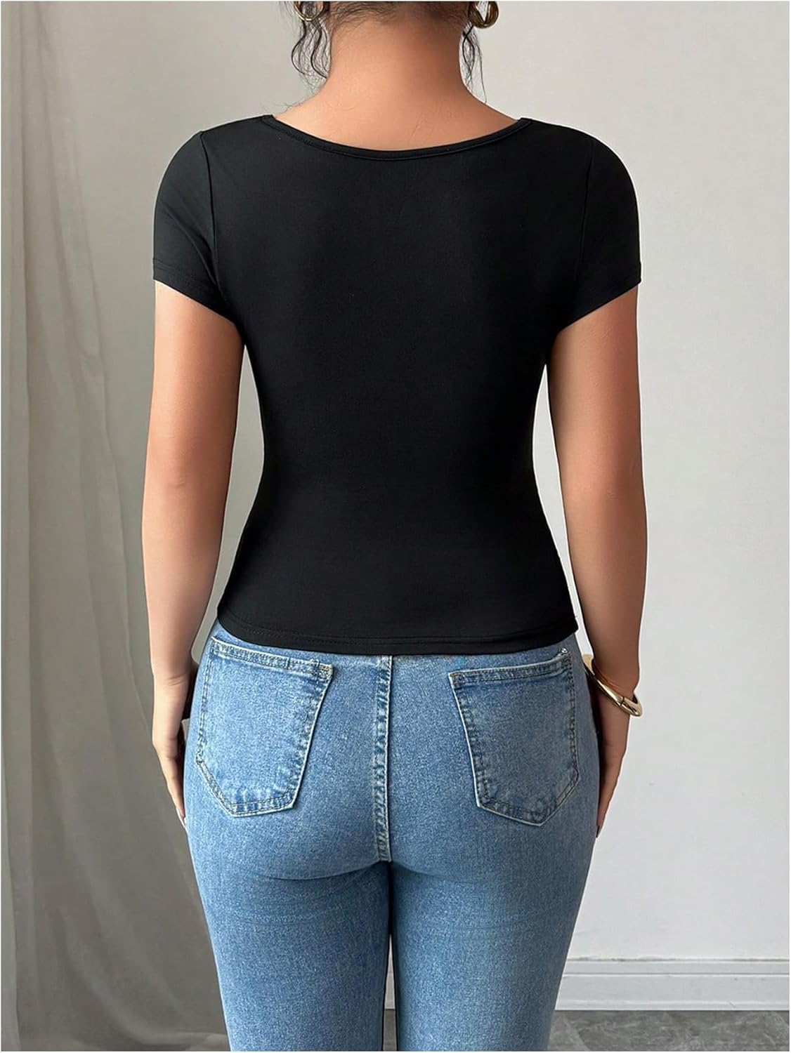 SOLY HUX Women's Square Neck Short Sleeve T Shirt Scallop Ruched Slim Fitted Tee Dressy Summer Tops - Image 2