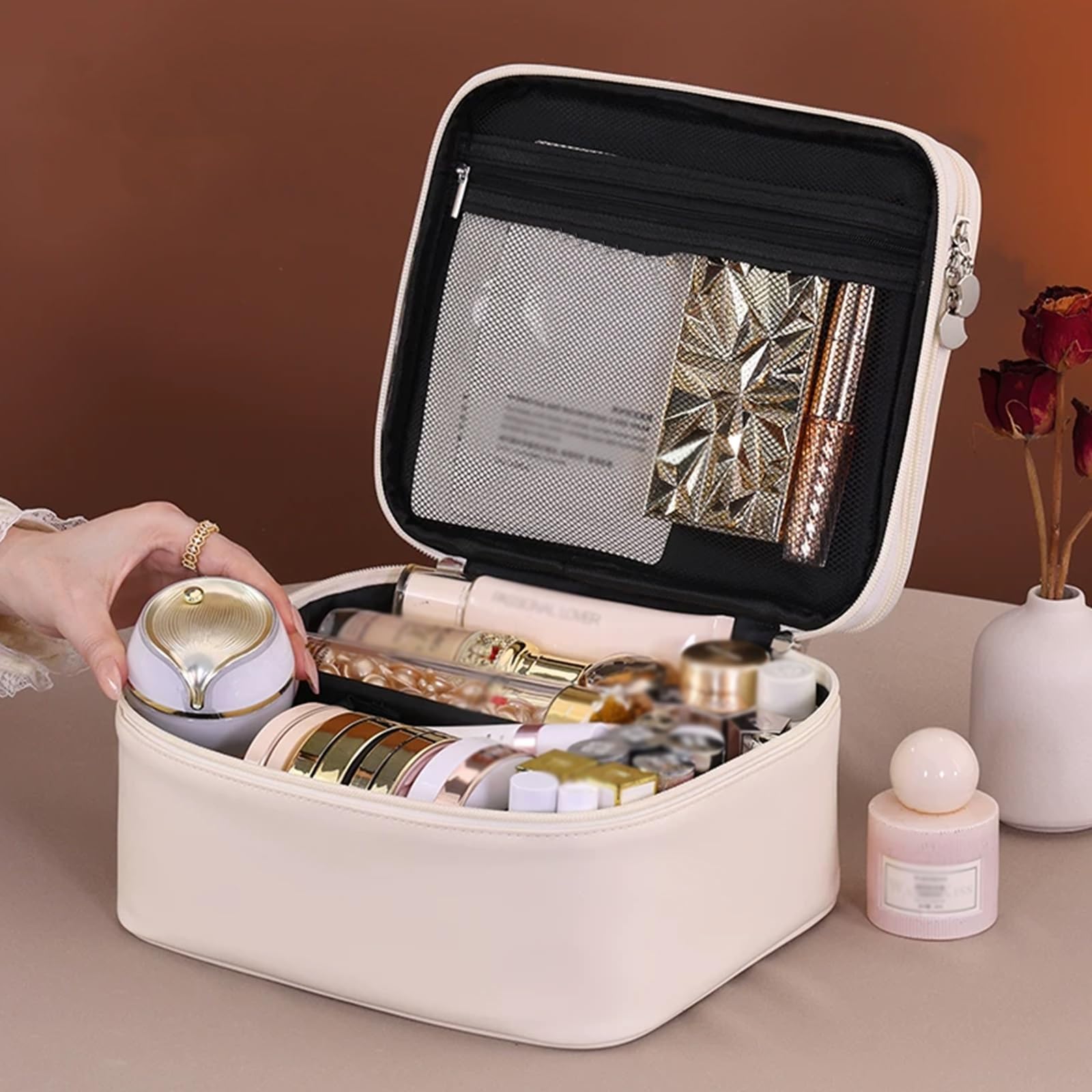 Borsa Trucco, Trucco Pochette da Toilette, con Maniglia, Realizzata in Resistente Materiale PU, con Doppio Scomparto Interno Chiusura a Cerniera, per Il Trucco e Gli Accessori(Pink)