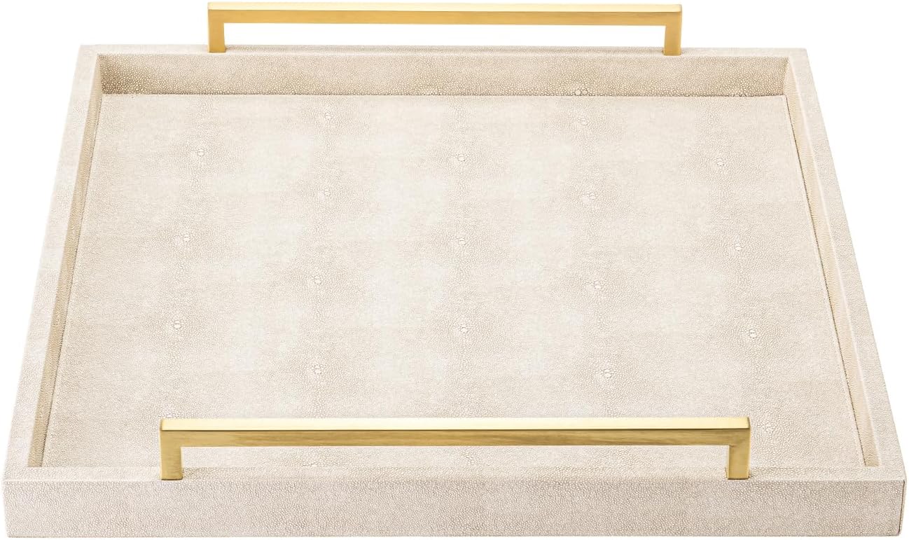 Large Ottoman Tray for Coffee Table,Square Shagreen Leather Decorative Tray with Gold Handles for Living Room Decor - Image 2