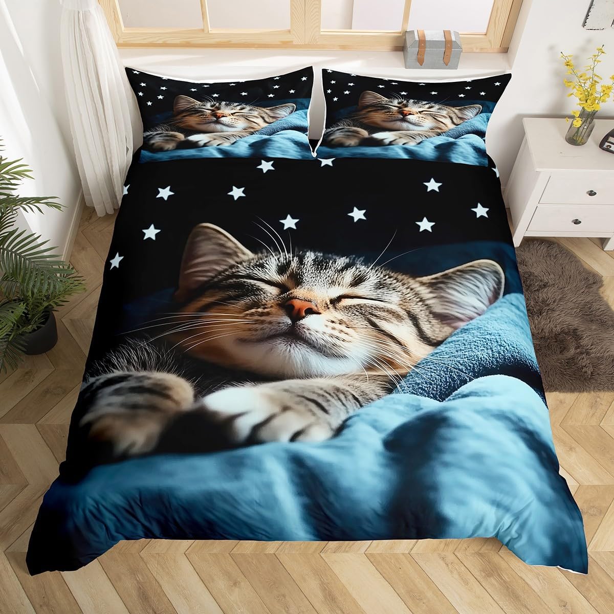 jejeloiu Kids Cute Cat Comforter Cover Set Toddler Size Sleeping Kitten Bedding Set for Boys Girls Kawaii Animals Duvet Cover Bedspread Cover Quilt Cover,No Stuffing