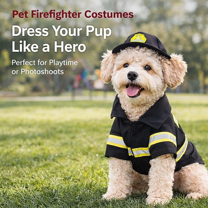 Ropa de Bombero para Perro, Chaqueta de Lona con Sombrero, Disfraz Halloween miniatura 2