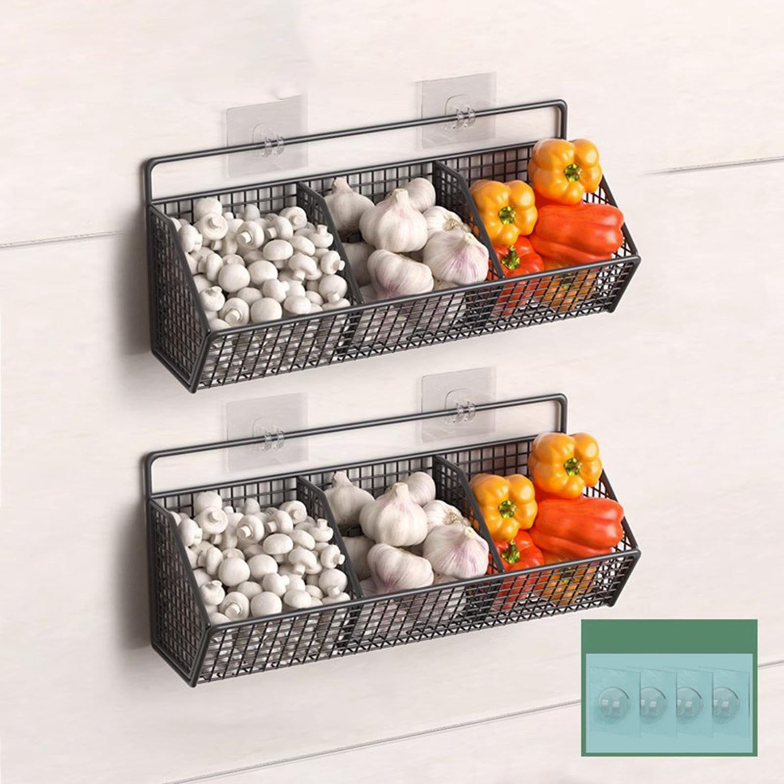 Cesta de frutas de metal rústica montada en la pared, alambre de 3 niveles para cocina, baño y sala de estar, elegante solución de almacenamiento, decoración decorativa del hogar