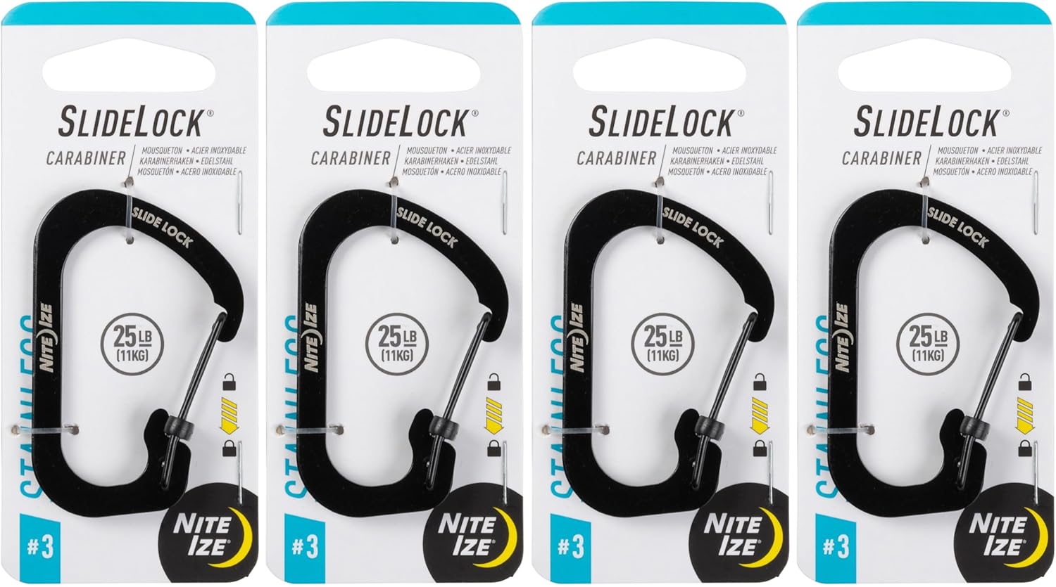 Nite Ize SlideLock Carabiner Stainless Steel - Key Holder Carabiner for Daily Use - Secure Keychain Organizer with Lock - Lockable Carabiner Fits Multiple Keys - Size 3, Black (4 Pack)