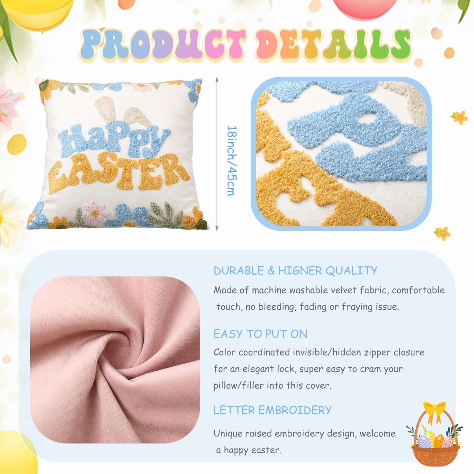 SmoothNovelty 18 x 18 in Easter Pillow Covers Set of 4,3D Embroidered Bunny Rabbit Throw Pillow Cases Spring Cushion Case Velvet Easter Decorative Throw Covers for Home Sofa Decoration