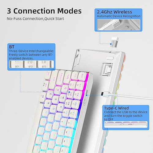 Miniatura 2 de Camiysn Teclado mecánico inalámbrico RGB Moon84 modo triple 2.4 GHzBTUSB-C con cable para oficina, teclado blanco para computadora, computadora de