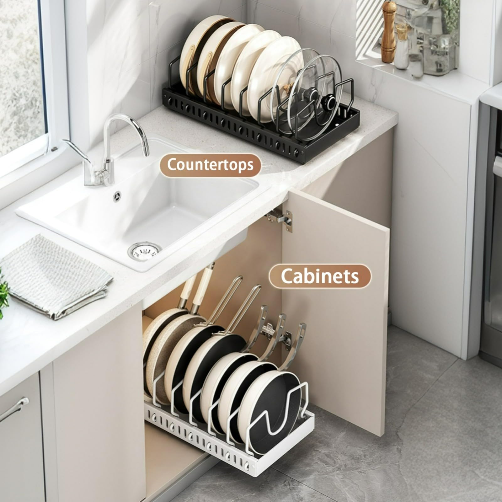 Scolapiatti,Organizer per pentole e padelle sottopensile,portacoperchi Estraibile Profondo 20,5" con Guide adesive,Contenitore pentole,teglie,Piatti,9 divisori Regolabili(Bianco)