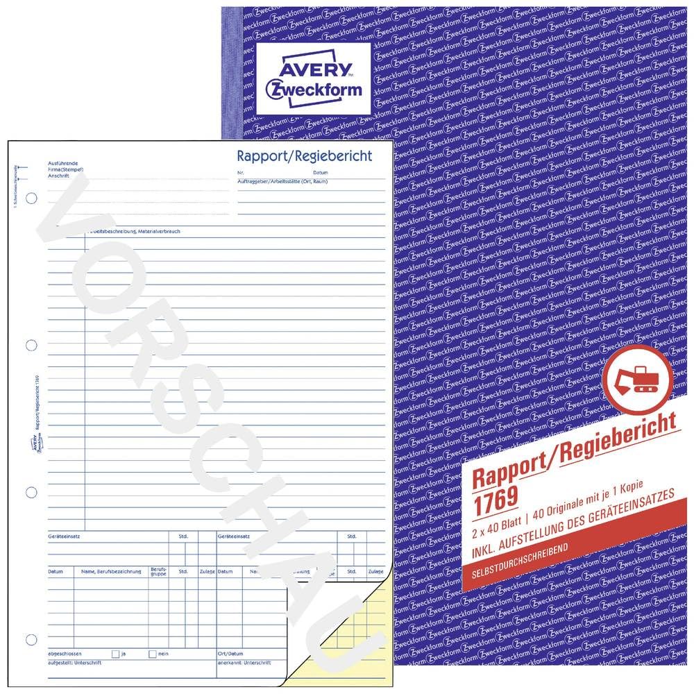 Avery Zweckform 1769 Report/ Management Report Book Non-Carbon Paper 2 x 40 Pages (German Text)