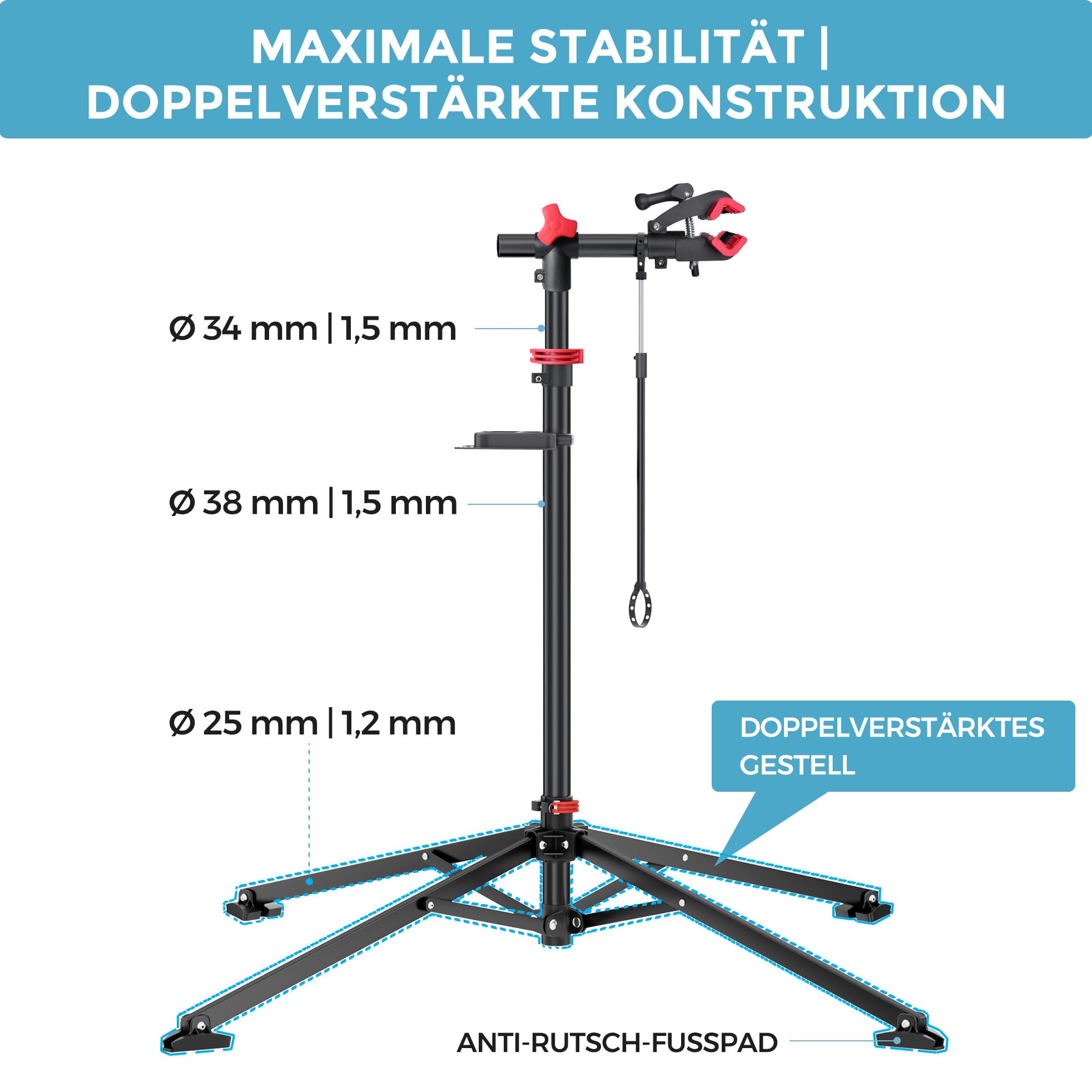 Profi Fahrrad Reparaturständer, mit großem rechteckigem magnetischem Werkzeugtablett und Vorderradhalter, 360° drehbarer Klemmkopf, klappbar & universell verstellbar, bis 30 kg belastbar