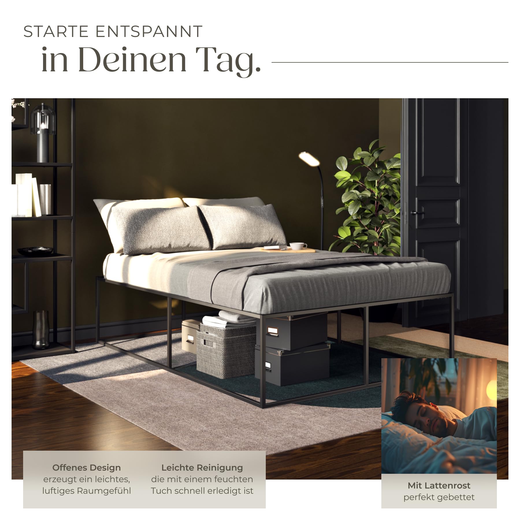 tectake® Bett 140x200 cm, Metall Bett mit Lattenrost, Bettrahmen mit Stauraum, großes Bettgestell ohne Kopfteil, als Ehebett, Einzelbett, Jugendbett, Gästebett, für Schlafzimmer - 140 x 200 x 46,5 cm