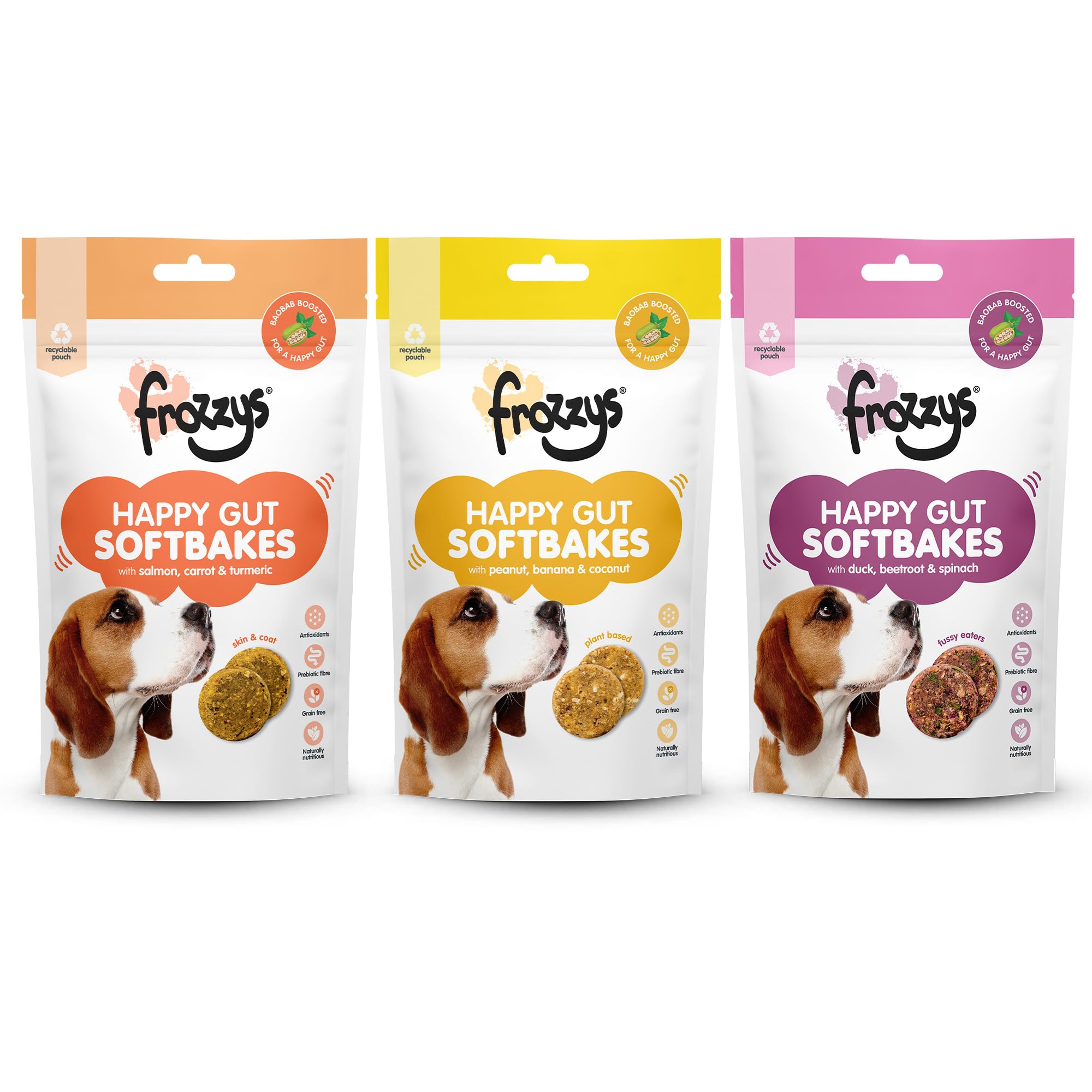 Frozzys Happy Gut Softbakes Taster Pack | 3 x 80g Dog Treat Pouches | Skin & Coat, Fussy Eaters & Plant Based | Grain Free Low Fat Training Treats with Baobab & Prebiotic Fibre — image 1