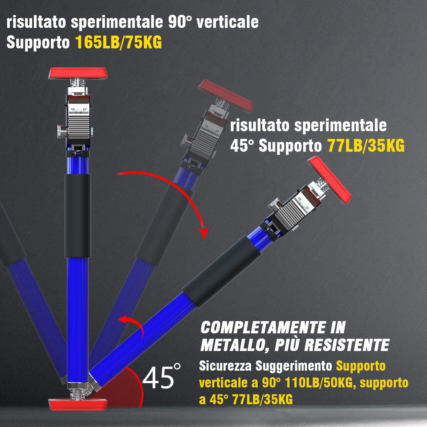 3-H Asta di supporto telescopica di terza mano, resistente, barre di carico, asta di supporto interamente in acciaio per armadietti, martinetti e cartongesso, capacità 74,8 kg e si estende da 110 a