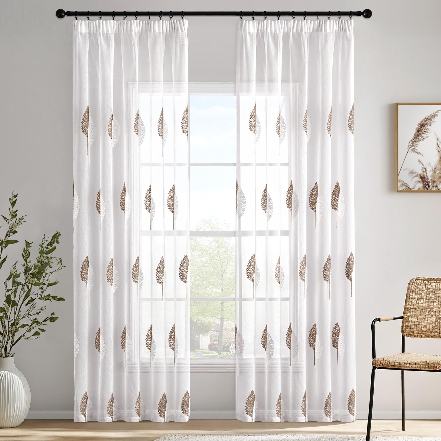 Voilage brodé feuilles pour salon lumineux et chambre moderne 140x225cm