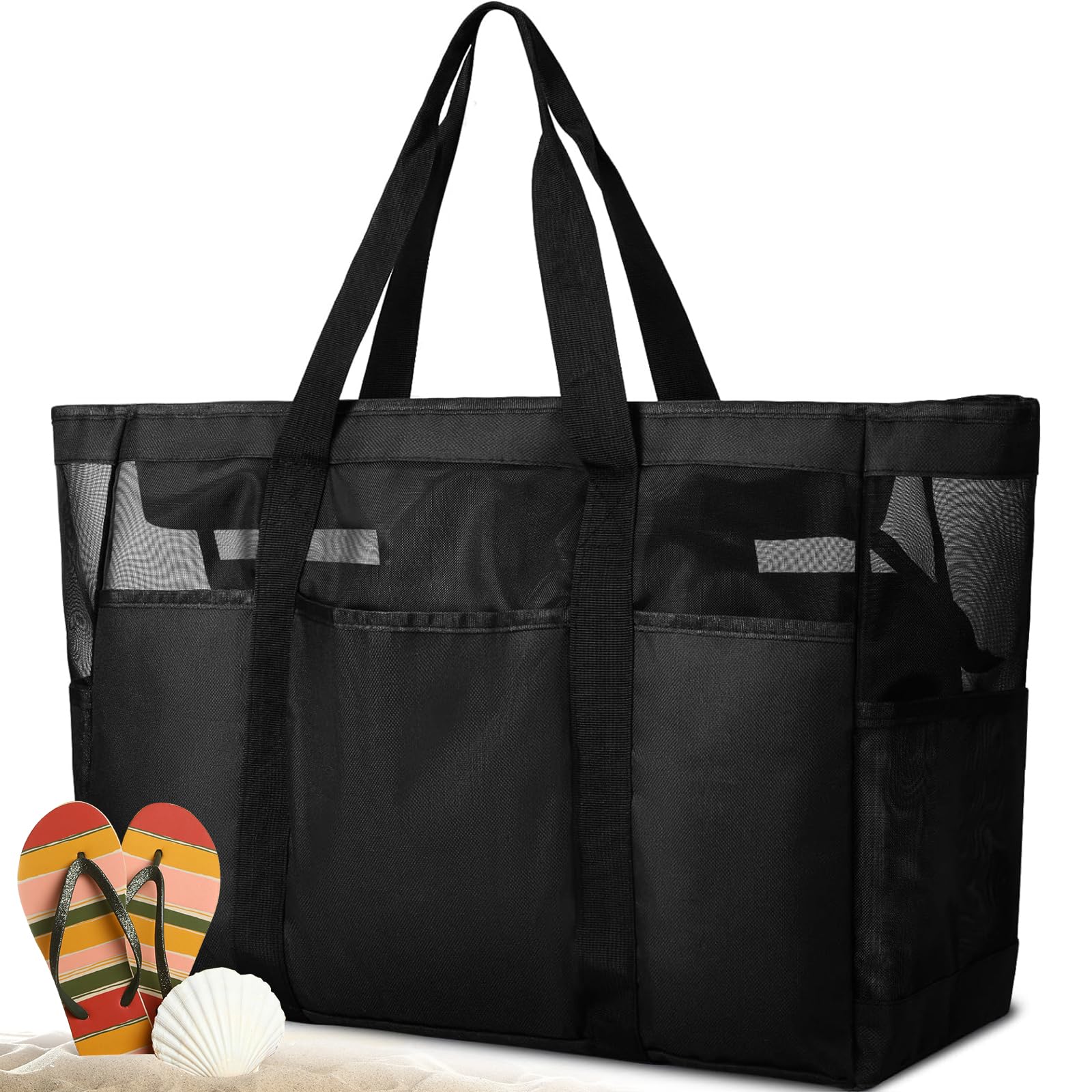 Strandtasche XXL Familie,Strandtasche Damen mit Reißverschluss,Strand Tasche Beach Bag Faltbare für Strand Pool Fitnessstudio Reisen,Vielseitiger - Schwarz