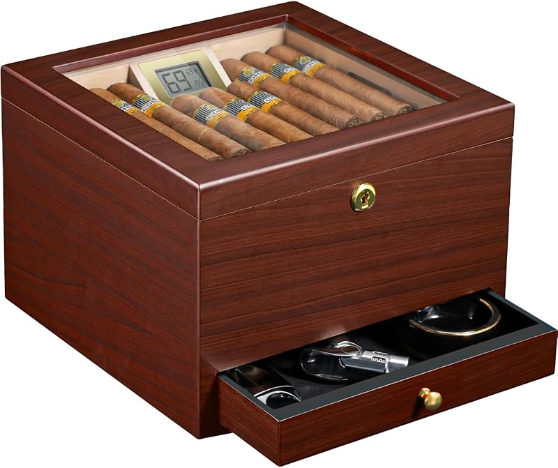 Humidor de cigarros Flauno con sistema de circulación de aire, capacidad para 40 Rubustos, cedro español más grueso, higrómetro digital preciso, cajón, humidificador, divisor, cerradura, regalo para los amantes de los cigarros