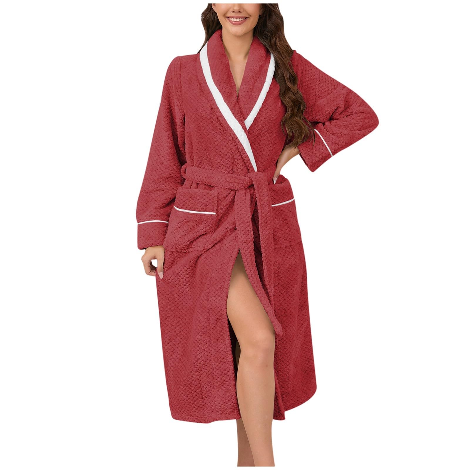 Generisch Peignoir de bain pour femme en tissu éponge moelleux en polaire douce et chaude en coton éponge torsadé poches côtelées longueur genou col en V spa plage mariage fête dormir