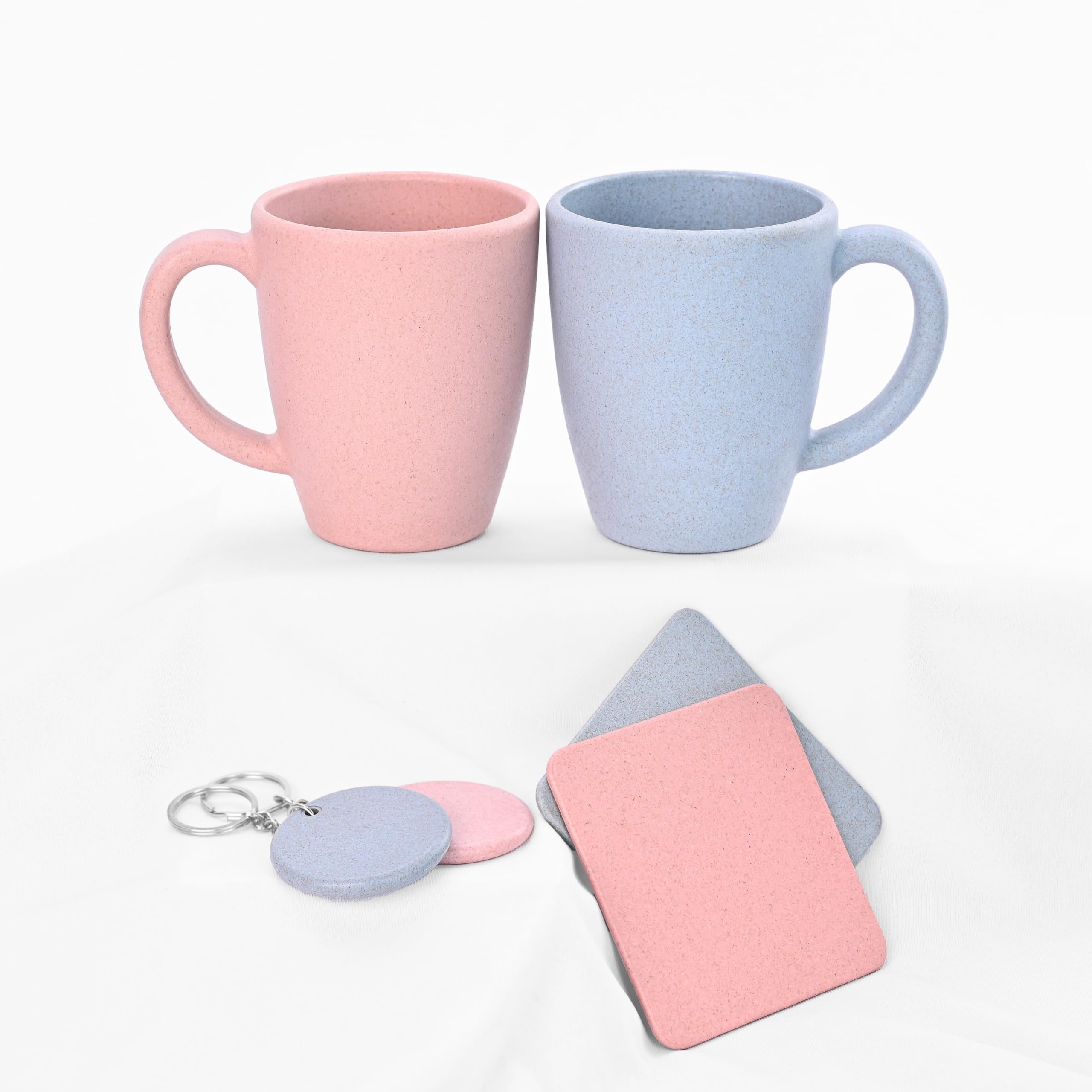 Eha Earth-Friendly Valentine Day Gift for Boyfriend, Wife/Husband | Valentine Gift for Girlfriend | Set of 2 300 ml Coffee Mug,Coasters and Keychain | Made with Rice Husk | Inno-Azure