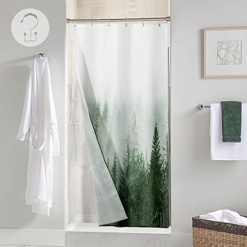 ORTIGIA 3 in 1 Half-Width Stall Waterproof Shower Curtain and Clear PEVA Liner Set 36x72 inch with 6 Double Sided Hooks Green Misty Forest Tree Small Shower Curtains for Bathroom