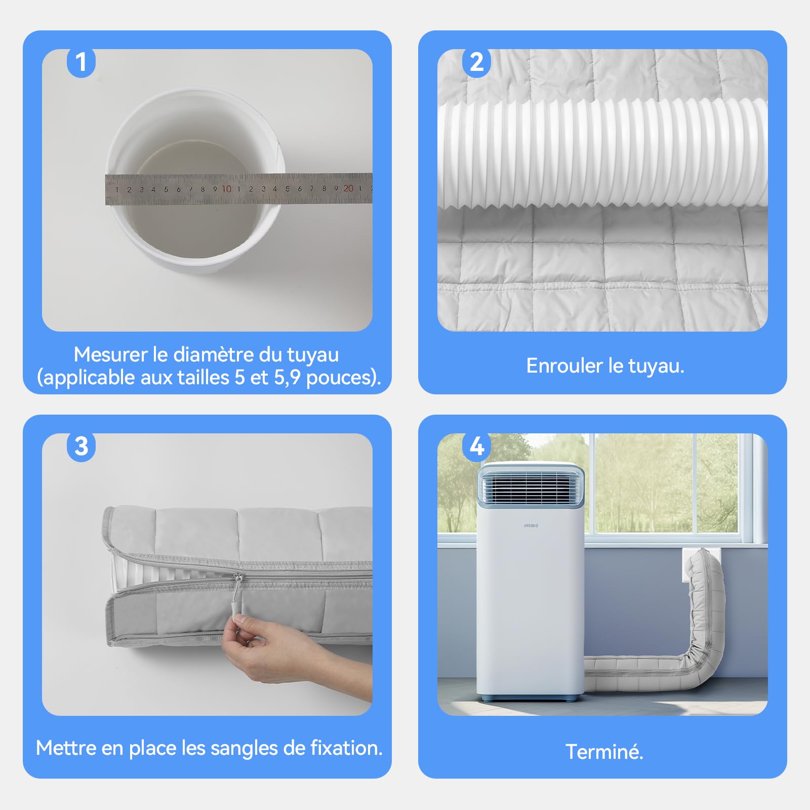60" Protection Pour Tuyau Climatiseur AGPTEK, Manchon Isolant À Fermeture Éclair Pour Tuyaux De 5" Et 5.9", Housse Portable En EVA, Pour Tous Les Tuyaux D'Évacuation De Climatiseurs Mobiles, Gris