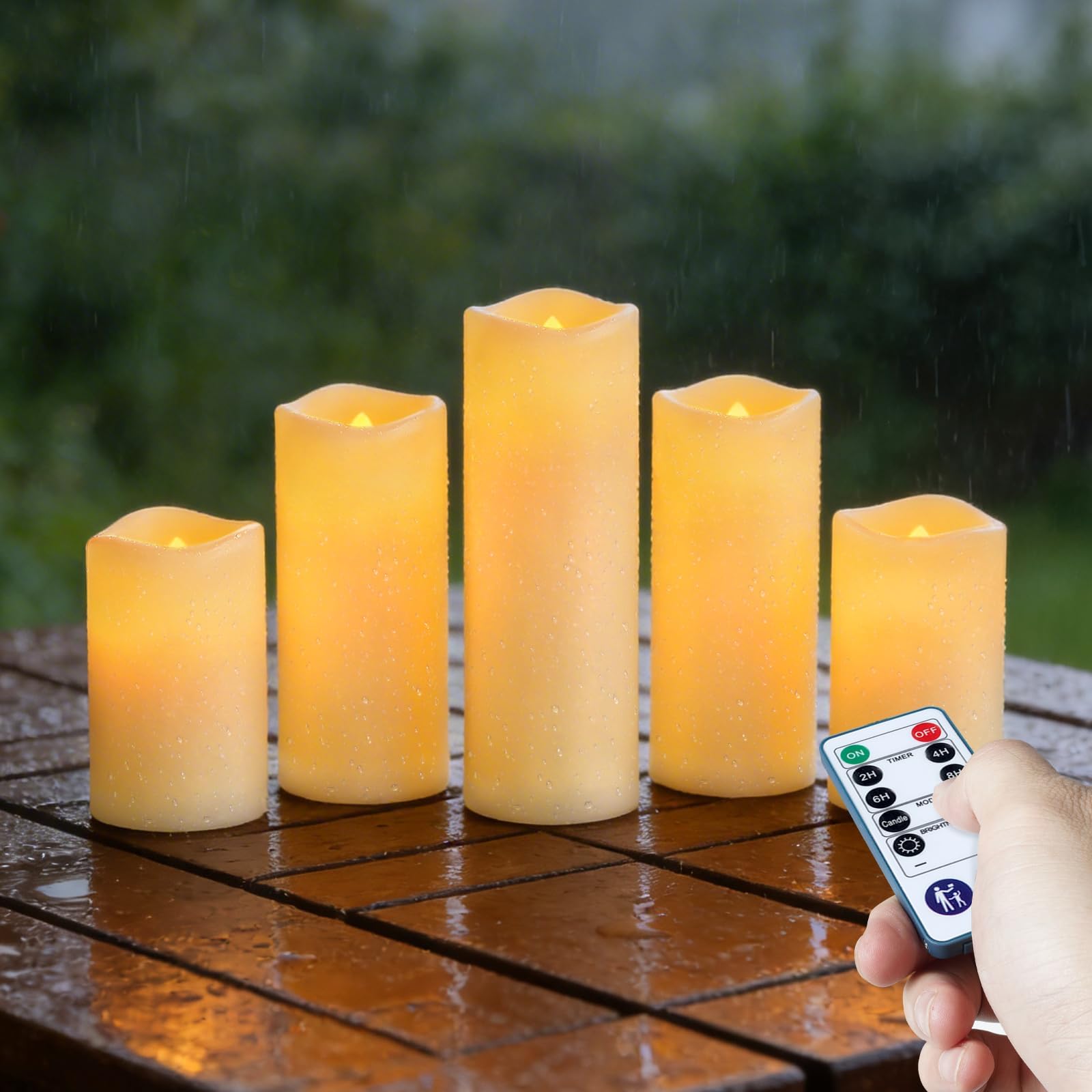 Homemory Flickering Flameless Candles Outdoor Waterproof, Realistic LED Candle with Remote Control and Timer, Battery Operated Candles, Fake Electric Pillar Candles, Plastic, Ivory, Set of 5