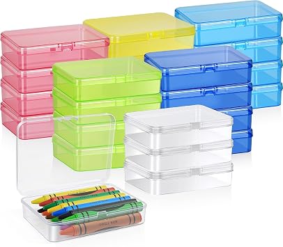 24 Pcs Clear Crayon Box Holds 24 Crayons, 4.5 x 3.4 Inch Plastic Stackable Case Mini Storage Containers Box with Hinged Lid for School Classroom Office Supply Multicolour