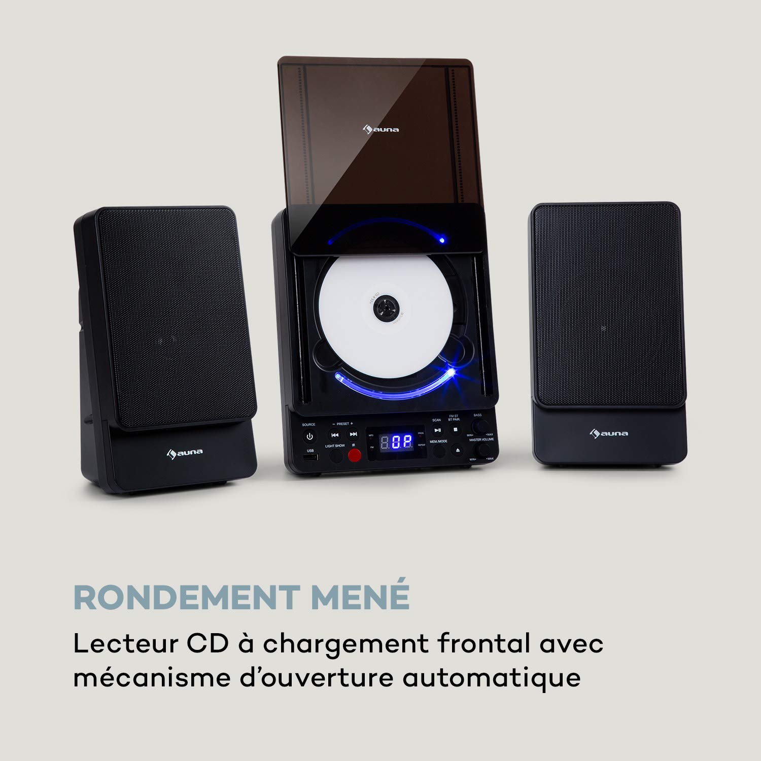 AUNA Microstar - Micro-chaîne Verticale, Lecteur CD, Bluetooth, Enceintes stéréo, Port USB, Tuner FM, AUX-in, écran LCD, éclairage d'ambiance, Installation Murale ou Pose Libre - Noir