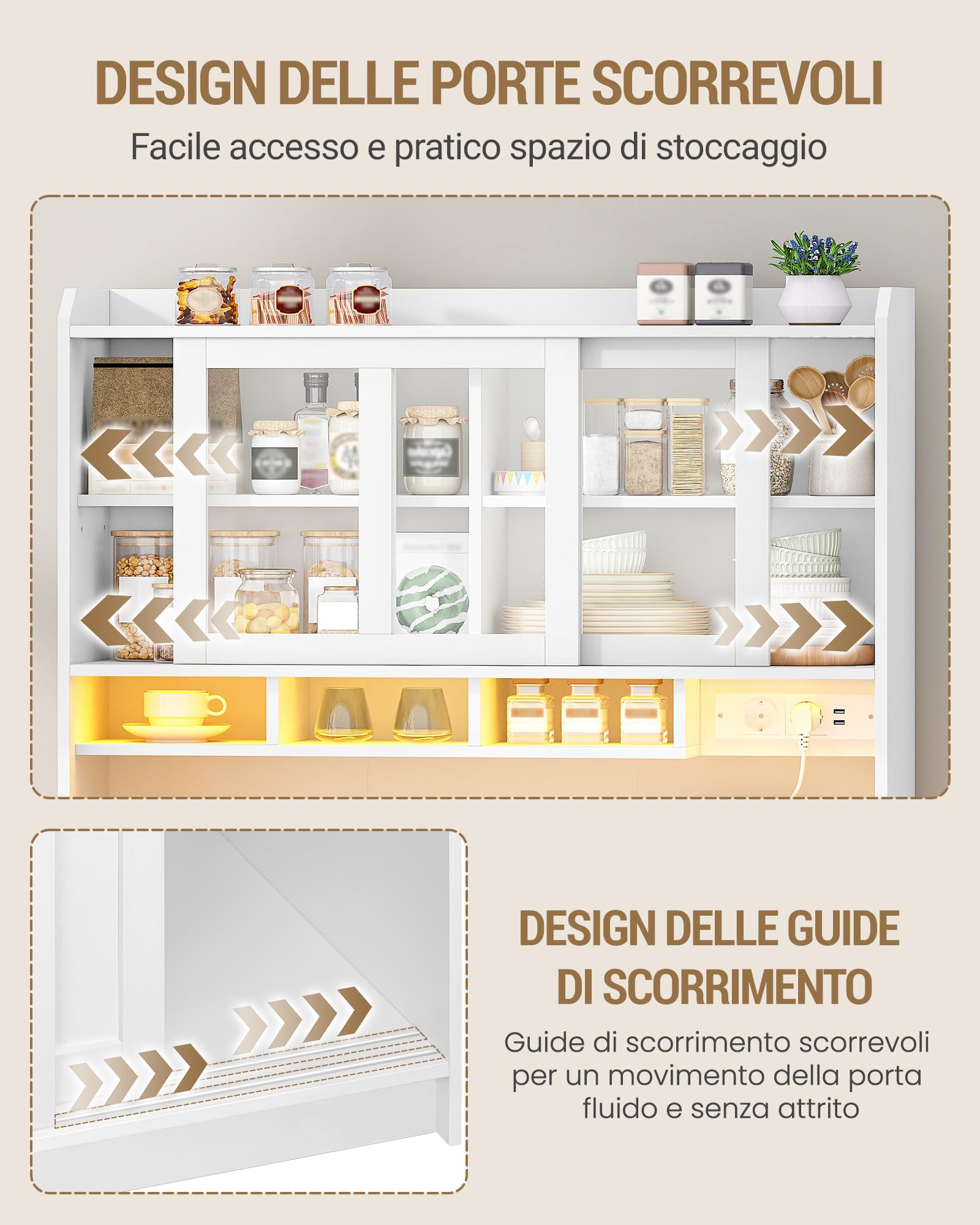 Hzuaneri Credenza Cucina, Mobile Buffet con Illuminazione a Led E Presa Multipla, Piano di Lavoro, 3 Cassetti, Ripiani Regolabili, per Cucina o Sala da Pranzo, 40 x 100 x 185 cm, Bianco 0110203XEU
