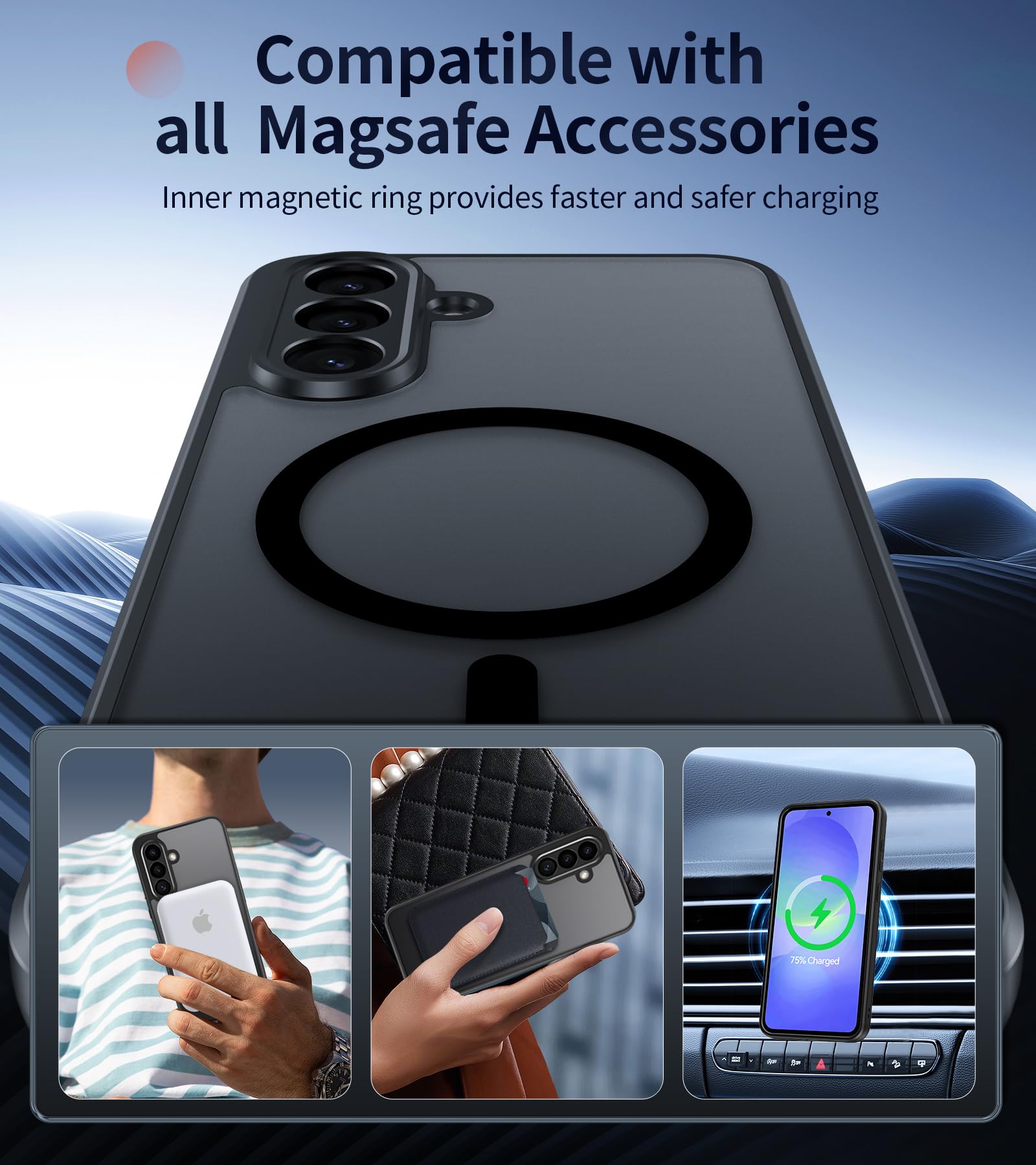 Opkiegrn Magnetica Cover per Samsung Galaxy A56 5G con 2 Pezzi Vetro Temperato, Compatibile con MagSafe, [Antiurto Grado Militare] Custodia Posteriore Glassata Nero