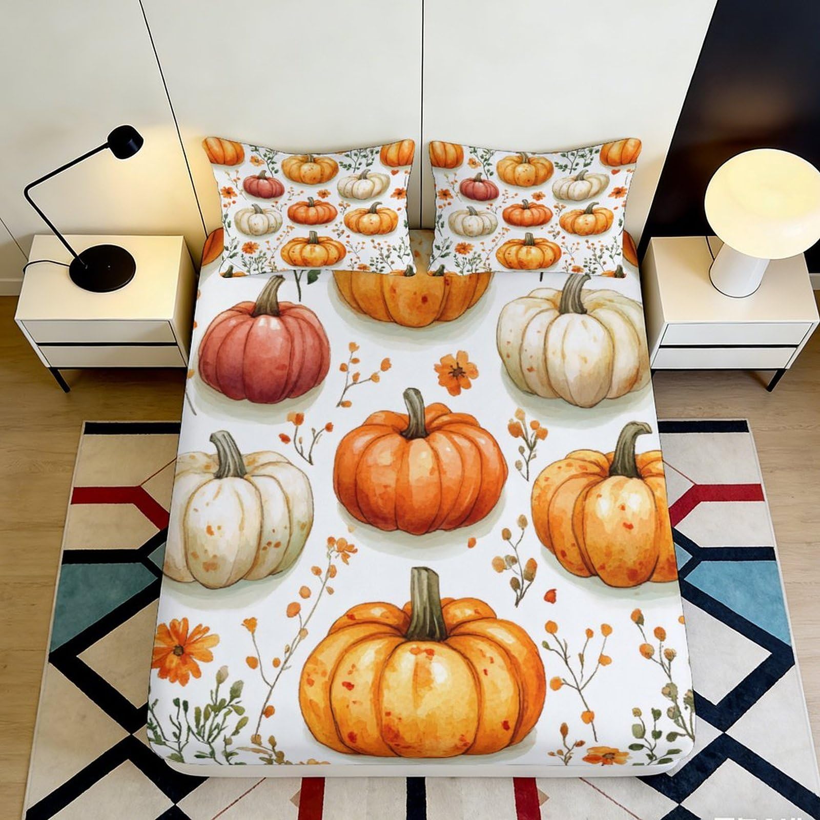 3D Printed Pumpkin Harvest Fitted Sheet Microfiber Autumn Thanksgiving Bed Cover for Bedroom Guest Room Decor 90x200x25cm
