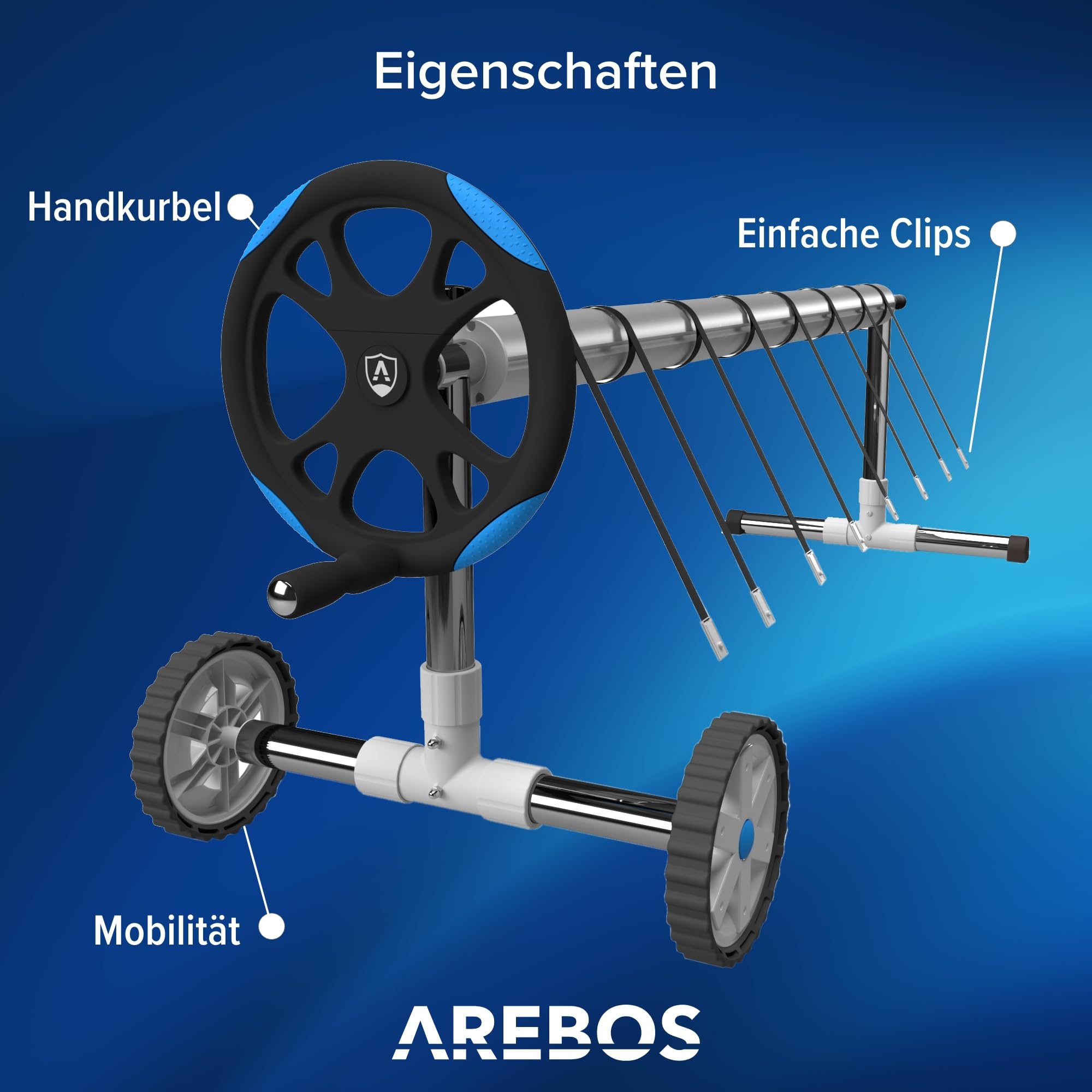 Arebos mobiles Aufrollsystem für Solar- und Poolplanen | Pool Aufroller | Länge von 3m - 5,70m | witterungsbeständiges Material | inkl. Befestigung & Rollen