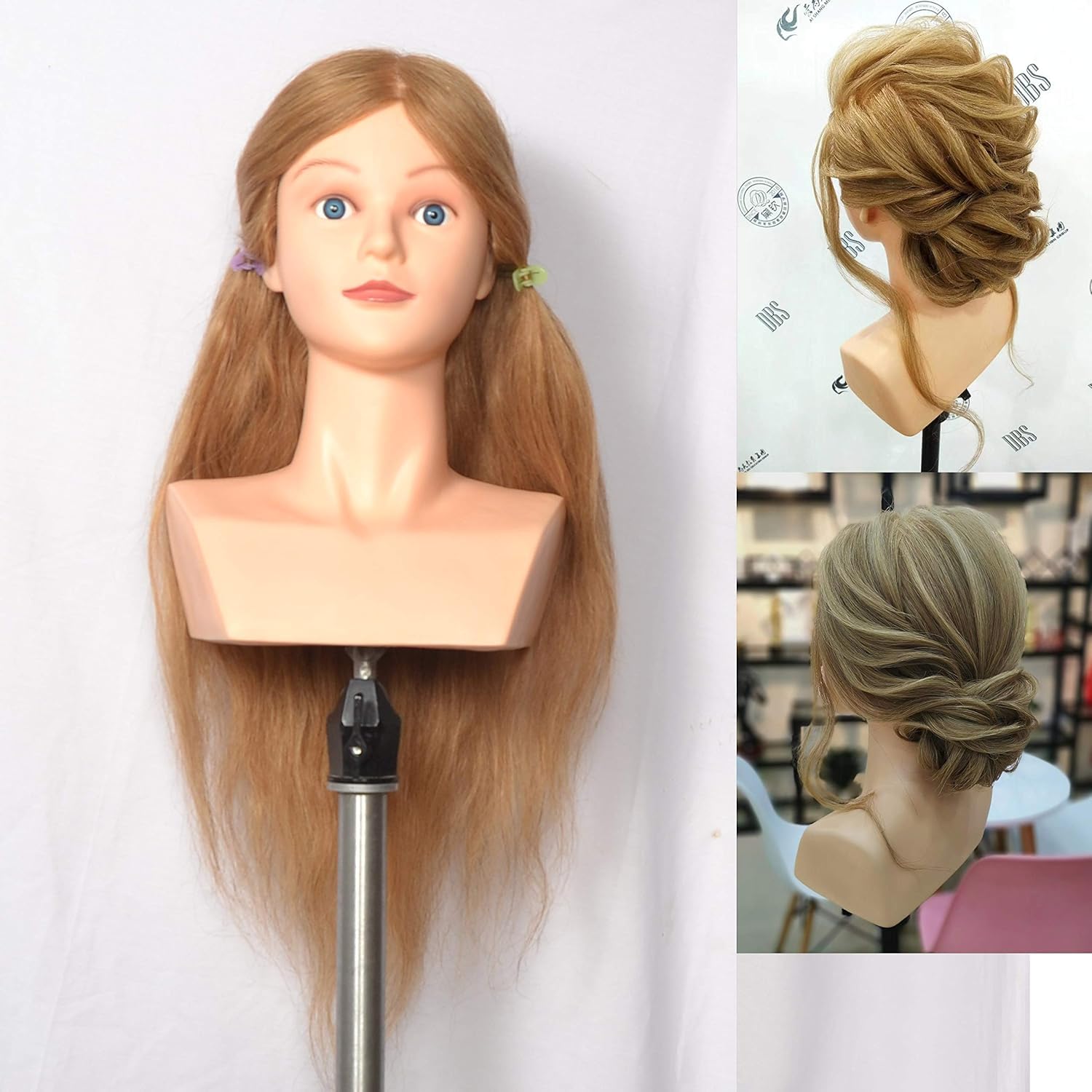 Foreign Holics 100% Human Hair Manikin, 22" Blonde Hair, Natural Neck, Shoulder Training Mannequin Head