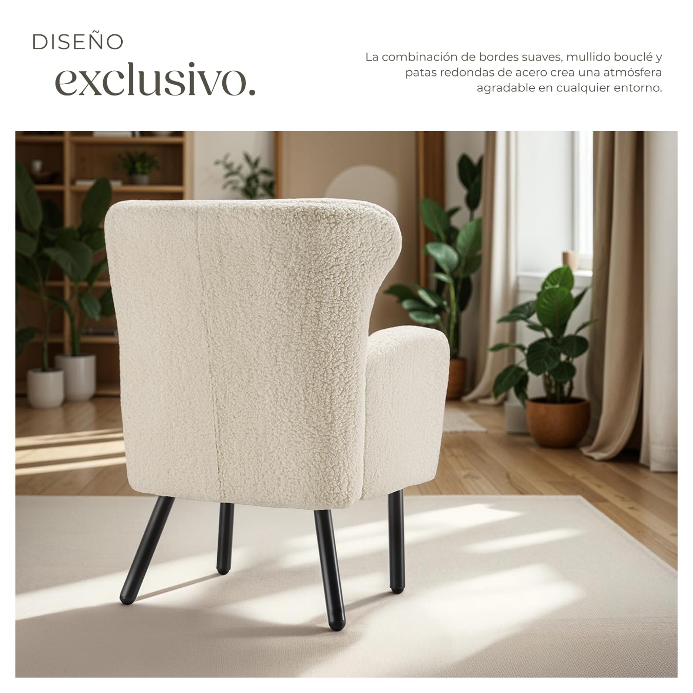 tectake® Sillón Orejero Tapizado en Bouclé, Butaca de Salón, Sillón de Lectura Acolchado, Silla Diseño Escandinavo con Reposabrazos, Estructura en Acero y Topes Antideslizantes, Muebles de Salón