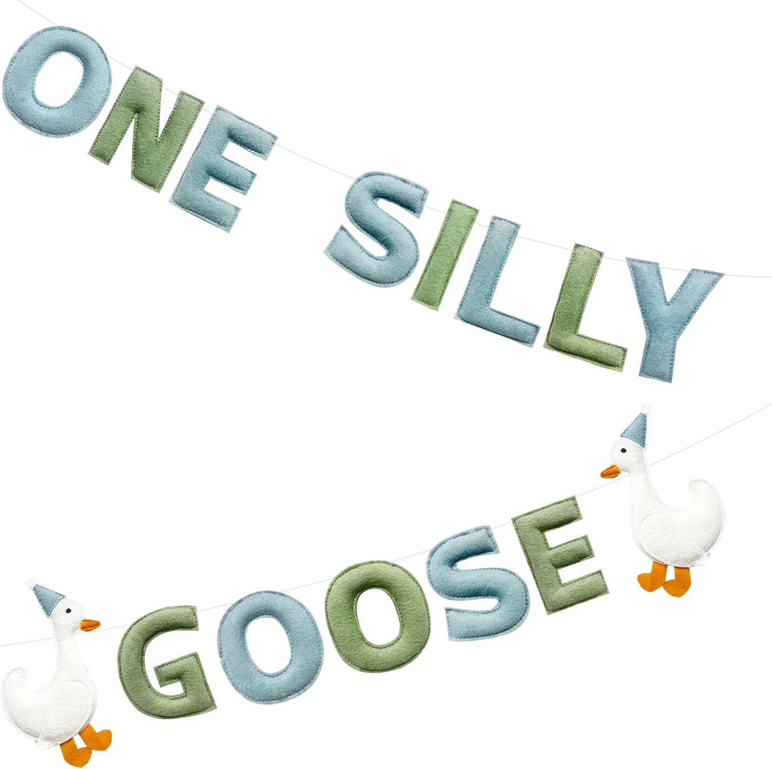 One Silly Goose Birthday Decorations Sage Green Dusty Blue Felt Handmade Pre-Strung 3d Goose 1st Bday Banner for Baby First Birthday Party Decorations Nursery Home Wall Fireplace Decor