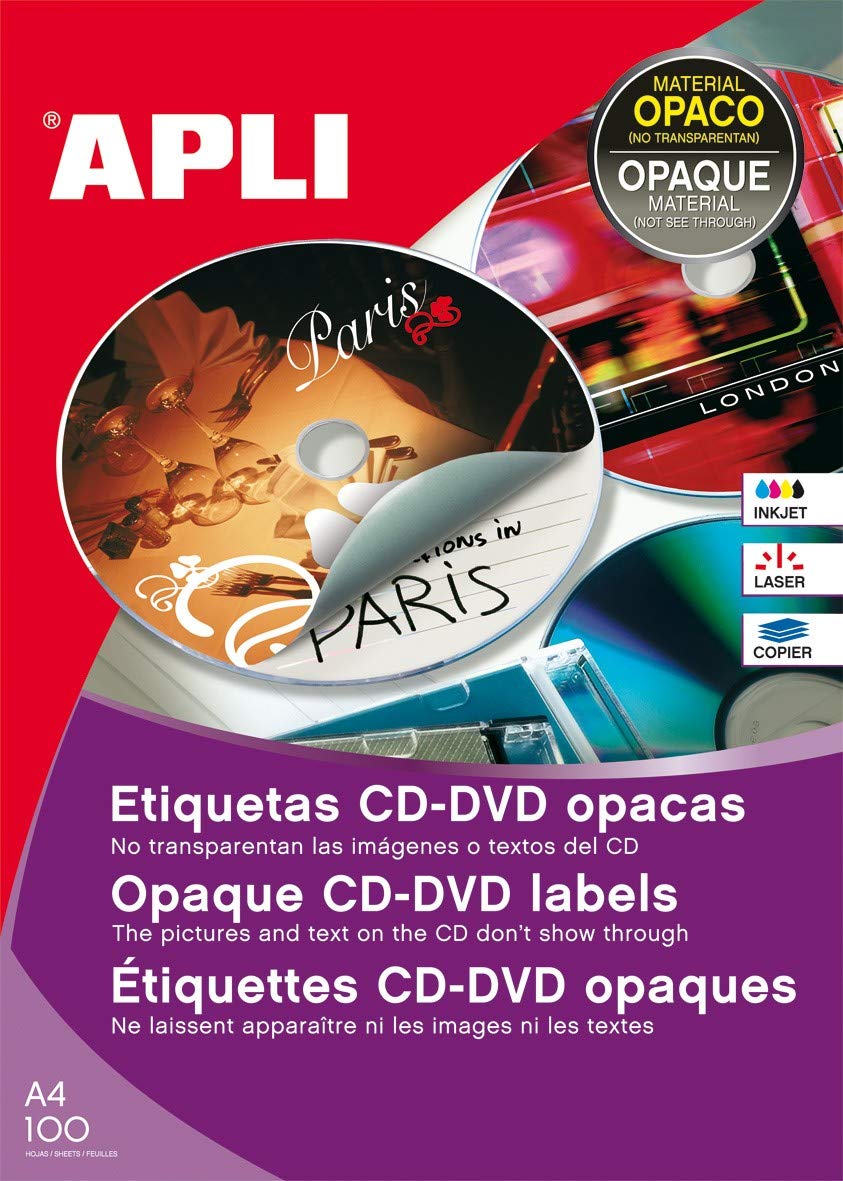 APLI 10166-Etiquetas CD/DVD permanentes tamaño clásico dorso opaco 100 hojas I/L/C