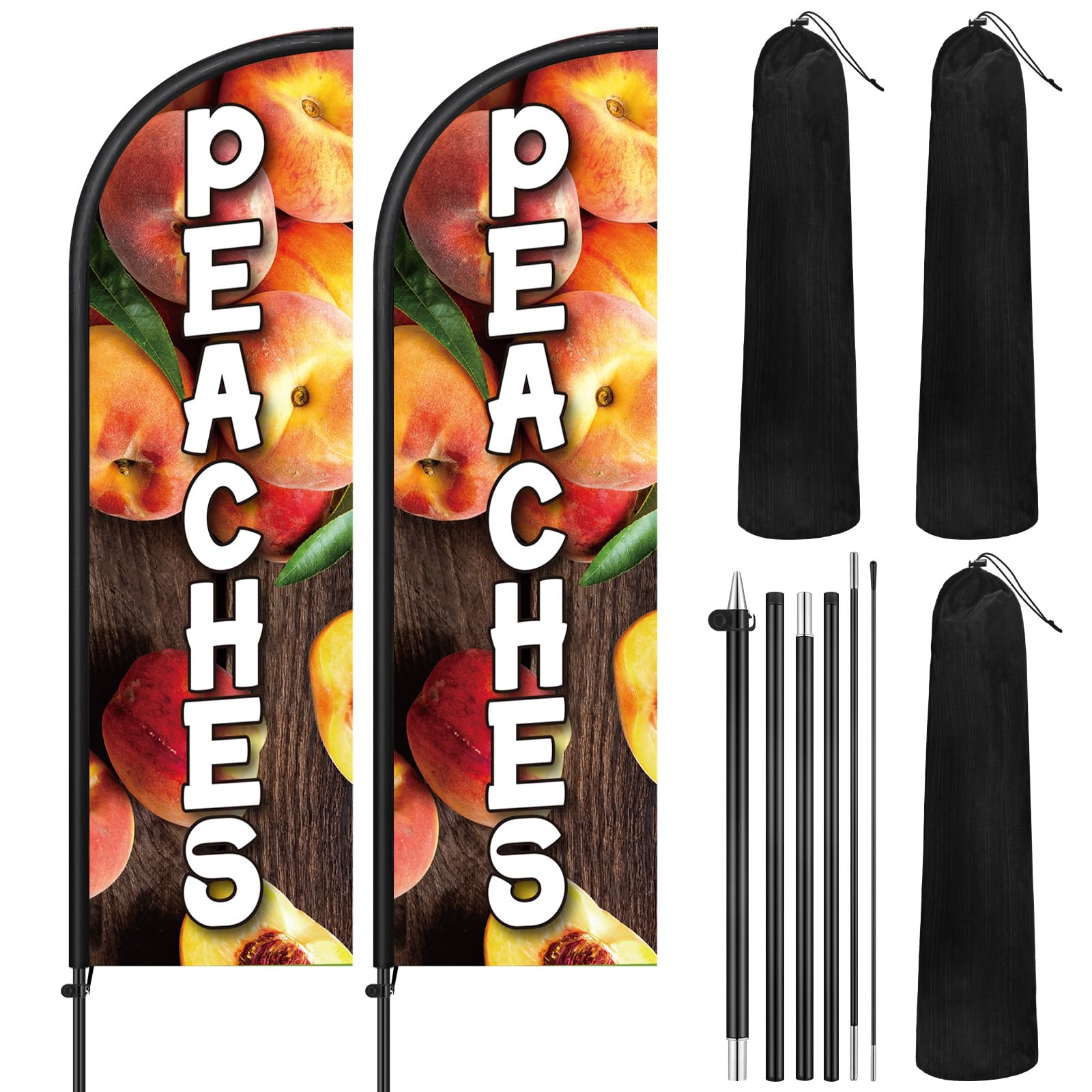 Remagr 2 Pack Peaches Feather Flag 7 ft Advertising Swooper Flag Sign Windless Peaches Feather Banner with Pole Kit and Ground Stake for Business Outside Farm Fruit Retailers Shops