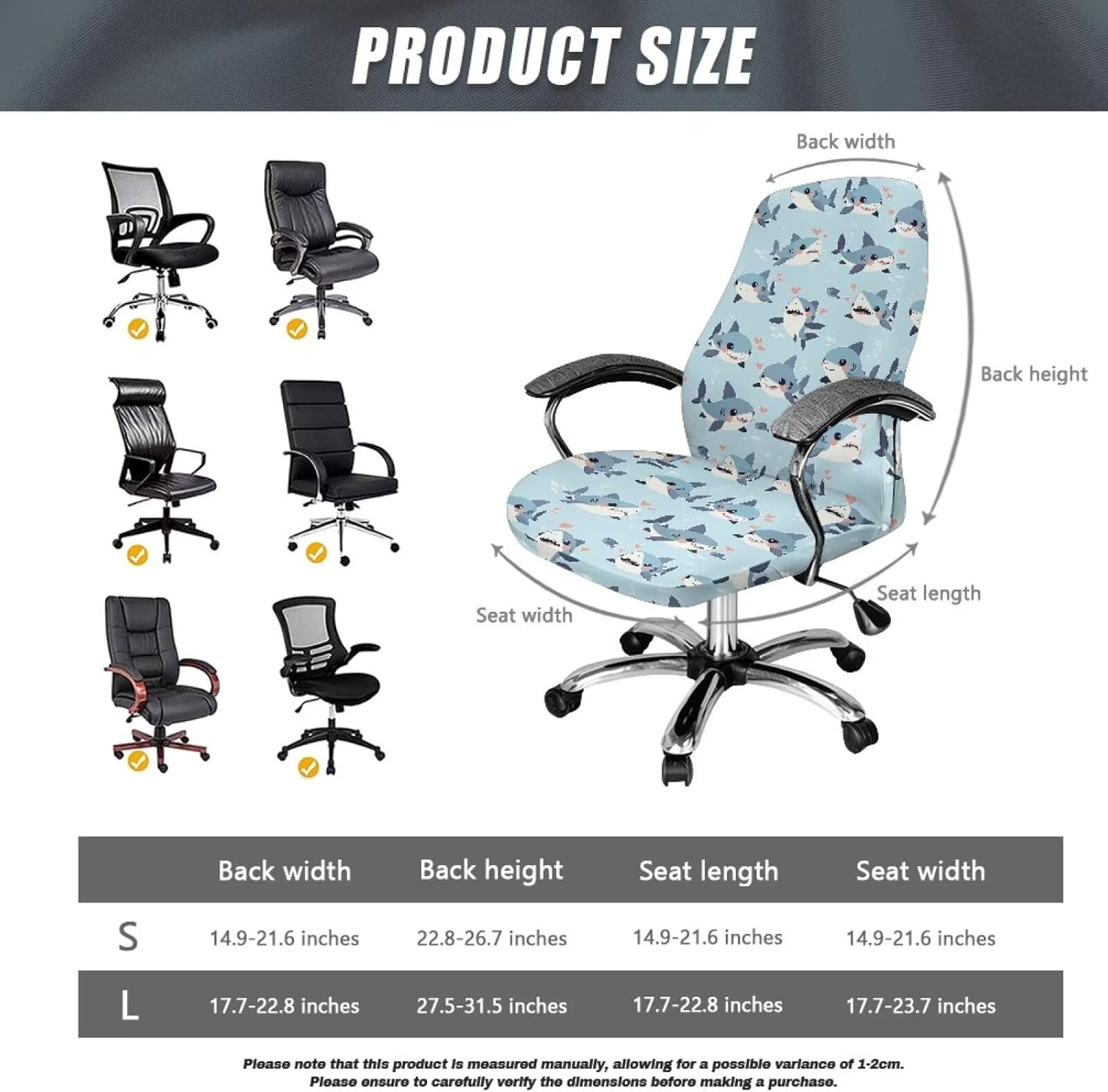 Wanyint Shark Blue Office Chair Cover Stretch Desk Chair Cover with Elastic Bottom Removable Office Computer Chair Cover for Armrest Chairs Home Office Decor, S
