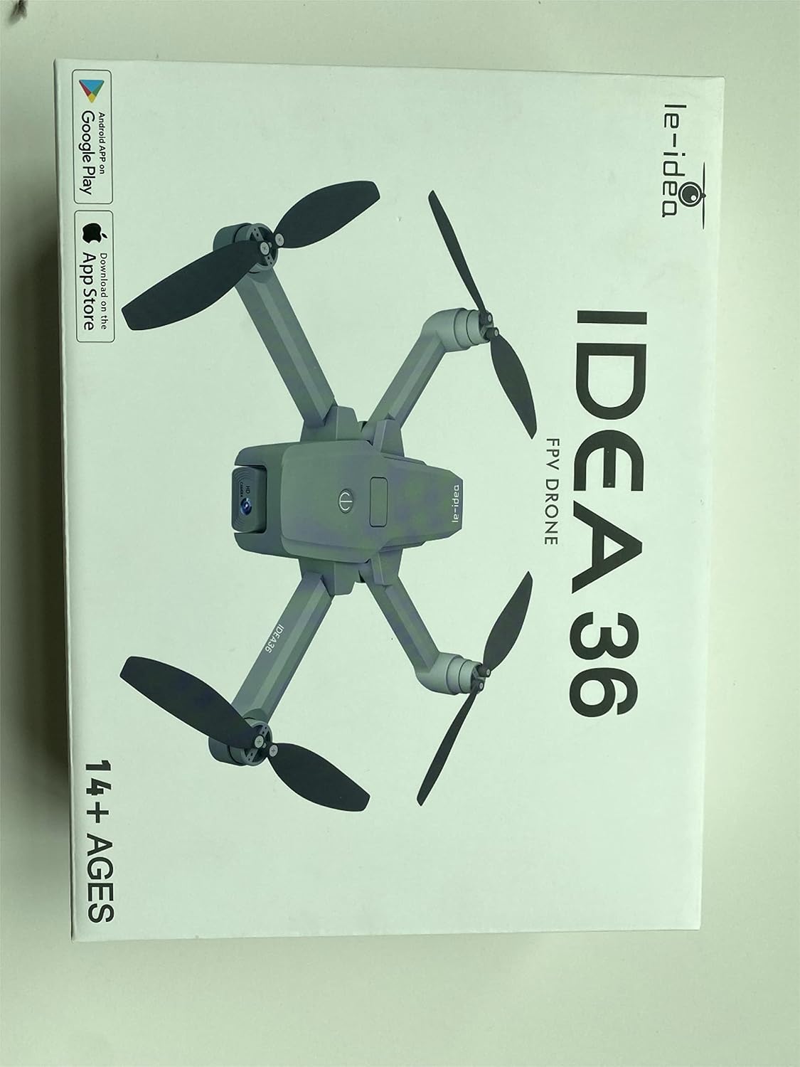 Front of the IDEA36 drone box, showing the le-idea brand logo and drone image.