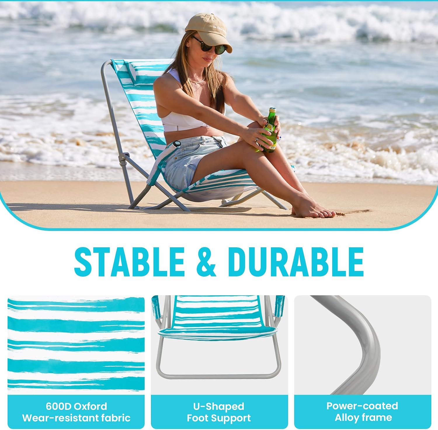 #WEJOY High Back Beach Chair for Adults, Heavy Duty Beach Chairs for Adults with Headrest, Lightweight Portable Chair for Camping Sand Lawn, Support to 300lbs, Green