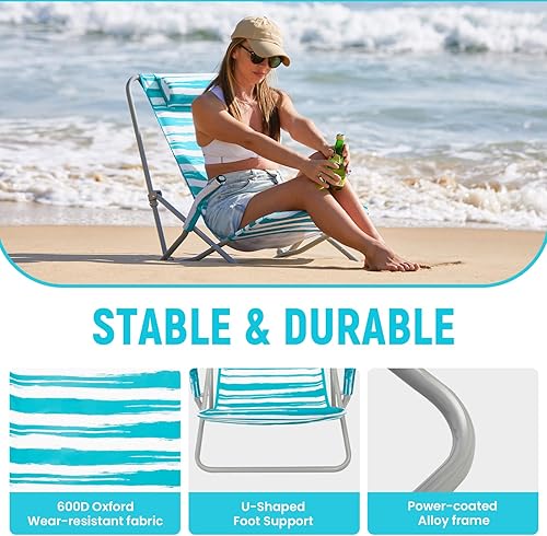 Miniatura 6 de #WEJOY Silla de playa de respaldo alto para adultos, sillas de playa resistentes para adultos con reposacabezas, silla portátil ligera para acampar