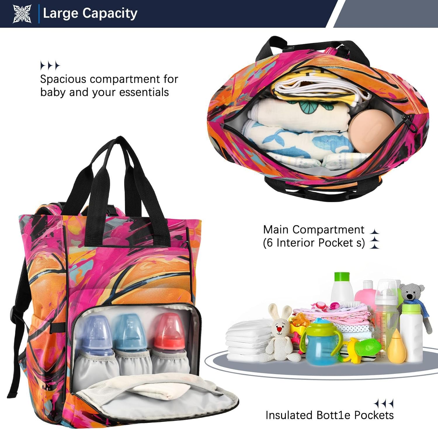Watercolor Pink Basketball Diaper Bag Travel Backpack Large Capacity Tote Mom Bags for Dad Women Girls