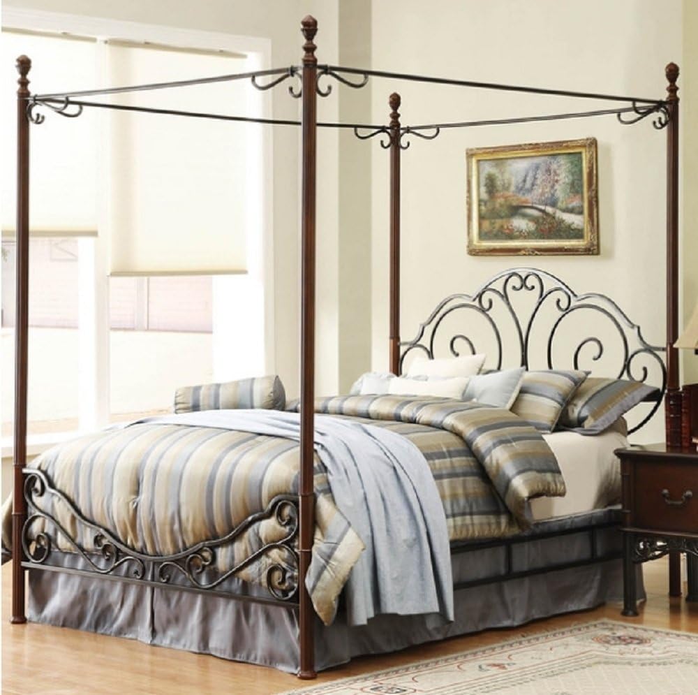Leann Graceful Scroll Iron Metal Canopy Poster Bed - Queen Size