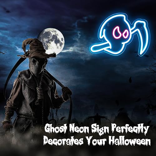Miniatura 2 de Letrero de neón fantasma, luz de neón de la parca de Halloween para decoración de pared, letreros de neón LED con forma de fantasma con alimentación