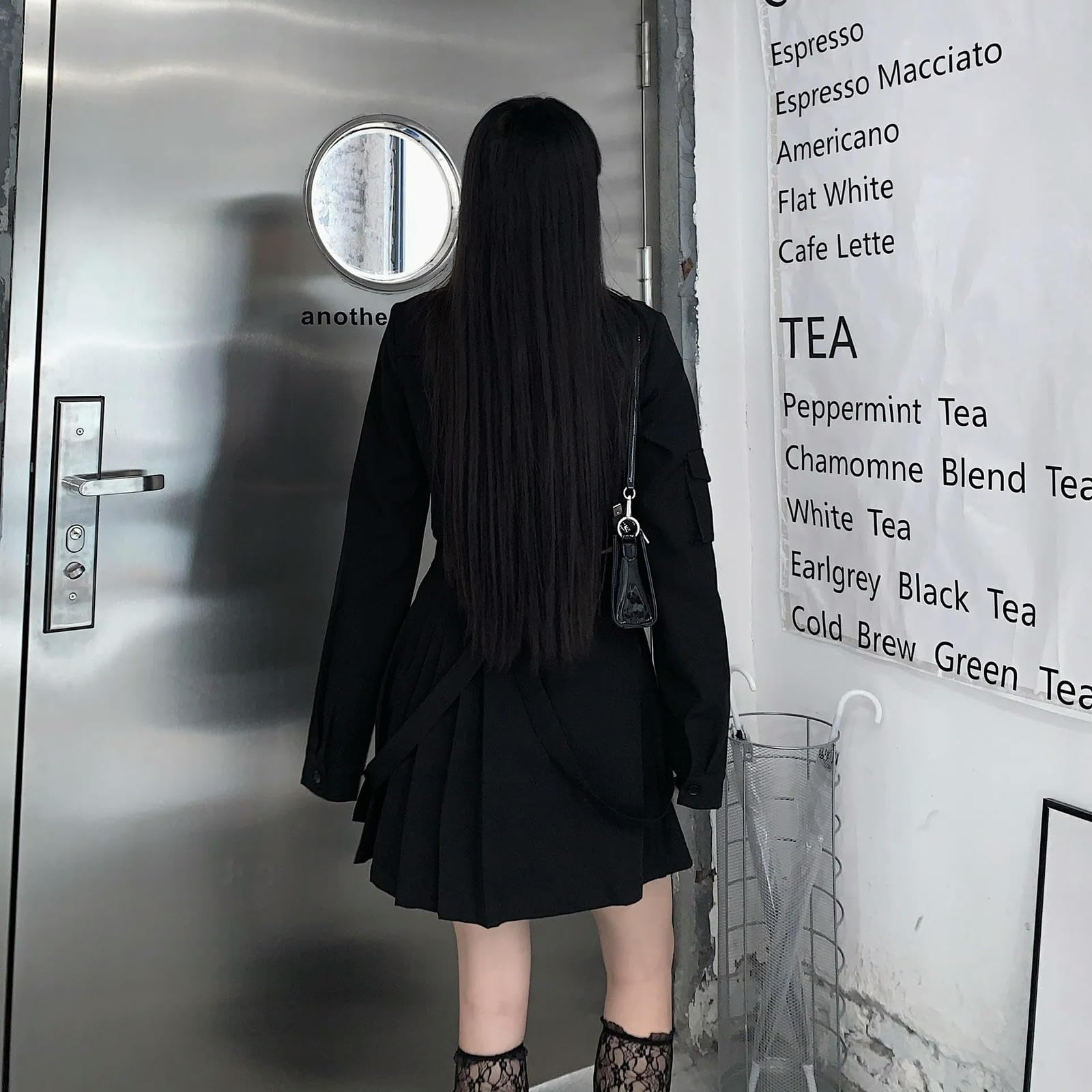 WEITING Gothic-Kleidung für Damen, Faltenrock, Langarm-Shirt, zweiteiliger Anzug, Harajuku, Vintage, koreanischer Punk-Stil, schwarzes Set, Kleid-zweiteiliger Anzug-XL