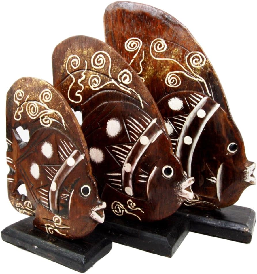 Balikraft Hand Made Wood Artisans "Ikan Teluk" Tropical River Angel Fish Family Set of 3 Decorative Figurines 10.5"H