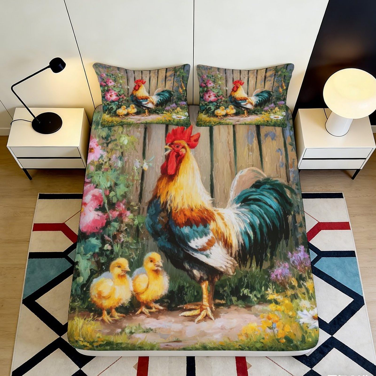 3D Printed Rooster Farmhouse Fitted Sheet Microfiber Soft Animal Chicken Mattress Cover for Bedroom Guest Room Decor 90x200x25cm