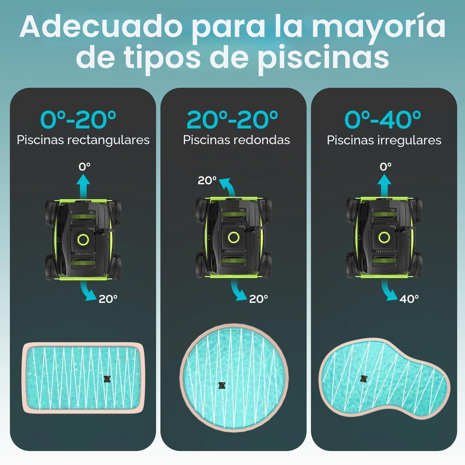 WINNY POOL CLEANER Winny 300II Robot Limpiafondos Piscina Automatico, Limpiador De Piscina Sin Cable, 120 Min, LED, Auto Estacionamiento, para Piscinas Desmontables 100m² - Negro Verde