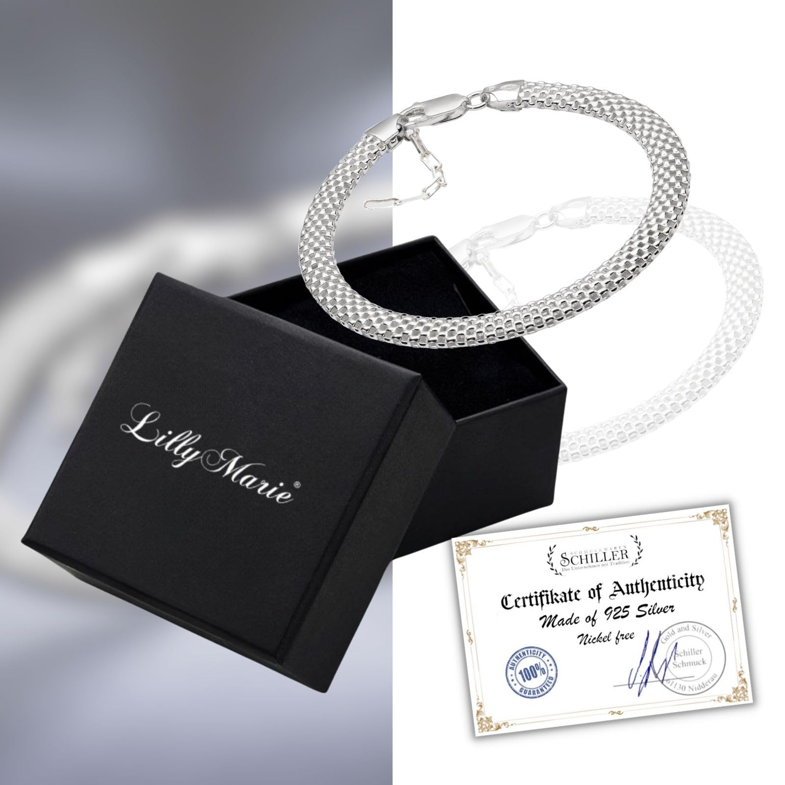 LillyMarie Klassische Damen Armkette Aus Sterling Silber 925 Mit Verstellbarer Länge Und Karabinerverschluss
