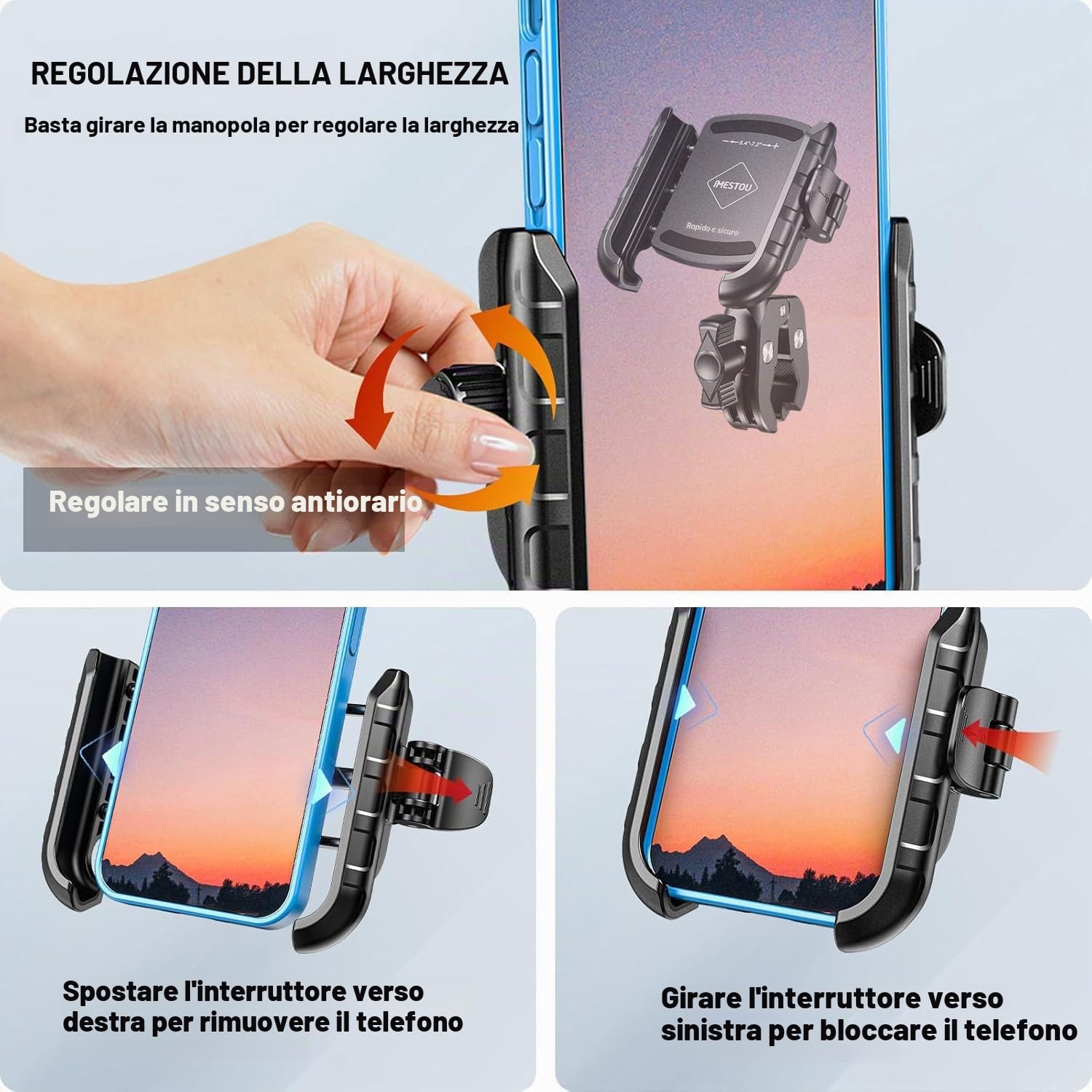 iMESTOU Supporto Cellulare Moto Antivibrazione, Supporto Universale Antivibrazione per Smartphone da 5,4"-7,2" Fino a 15 mm di Spessore, Sgancio Rapido, Adatto per Manubri di Moto e Bici da 12-45 mm