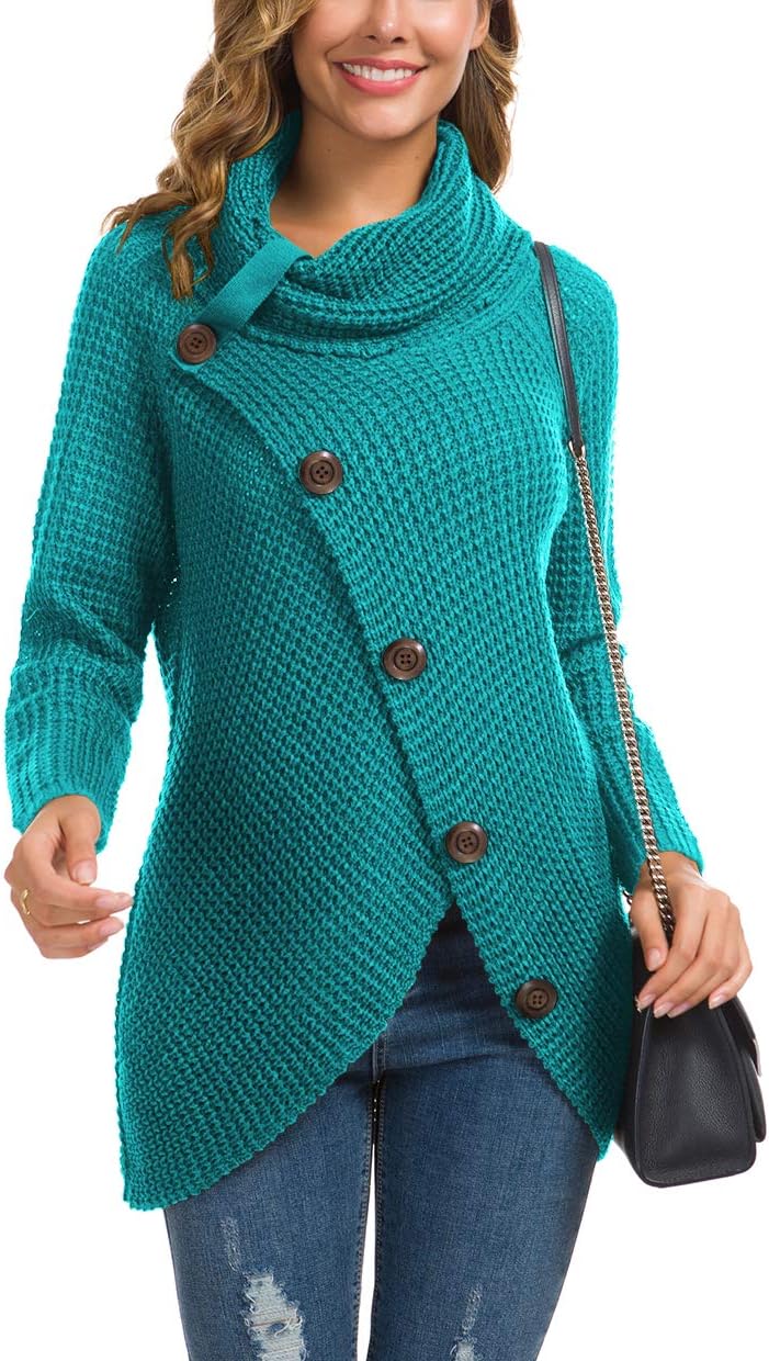 GRECERELLE Women's Fall Chunky Turtleneck Long Sleeve Asymmetric Hem Loose Knit Pullover Sweaters Tops, S-2XL